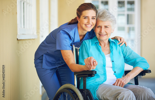 Portrait of nurse, hugging or old woman in wheelchair in hospital helping a senior patient for support. Holding hands, happy smile or healthcare caregiver smiling with an elderly lady with disability