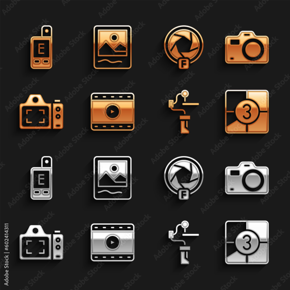 Set Play Video, Photo camera, Old film movie countdown frame, Gimbal stabilizer for, Camera shutter, Light meter and icon. Vector Set Play Video, Photo camera, Old film movie countdown frame, Gimbal stabilizer for, Camera shutter, Light meter and icon. Vector