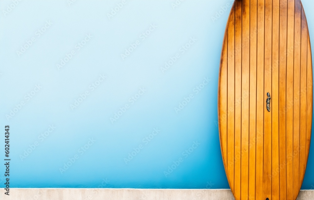 Naklejka premium Wooden surfboard near beige wall, closeup (Generative AI)