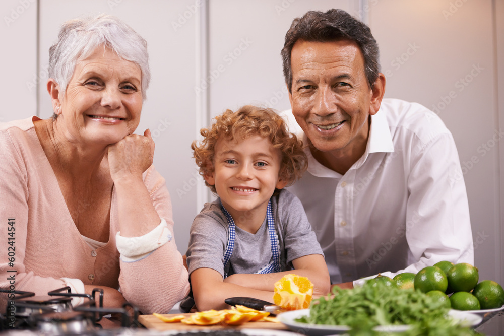 Portrait happy boy or grandparents teaching cooking skills for dinner with vegetables diet in family home. Learning, child helping or grandmother with old man, kid or healthy food meal in kitchen Portrait happy boy or grandparents teaching cooking skills for dinner with vegetables diet in family home. Learning, child helping or grandmother with old man, kid or healthy food meal in kitchen