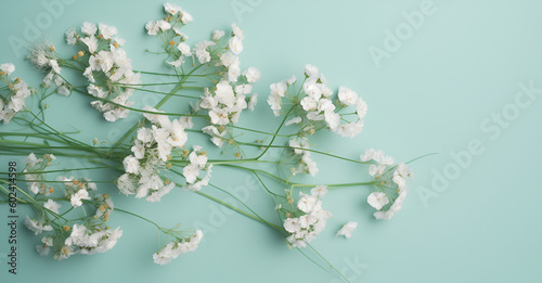 Gypsophila flowers on pastel background. Flat lay, top view, copy space
