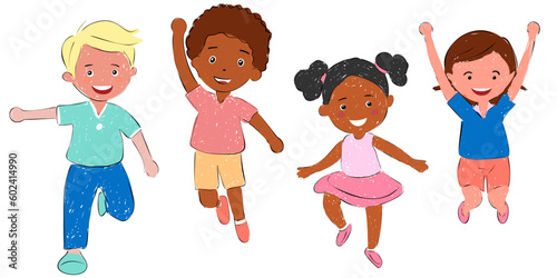 Set bundle collection group of 4 four happy children, kids in different poses, dressed in casual outfit clothes. Dancing, jumping boy, girl, children. Creative kids. Dancing studio