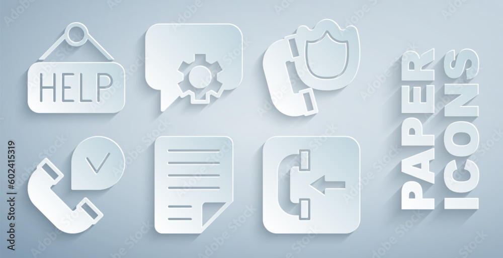 Set File document, Telephone handset with shield, Incoming call, 24 hours support and Signboard text Help icon. Vector Set File document, Telephone handset with shield, Incoming call, 24 hours support and Signboard text Help icon. Vector