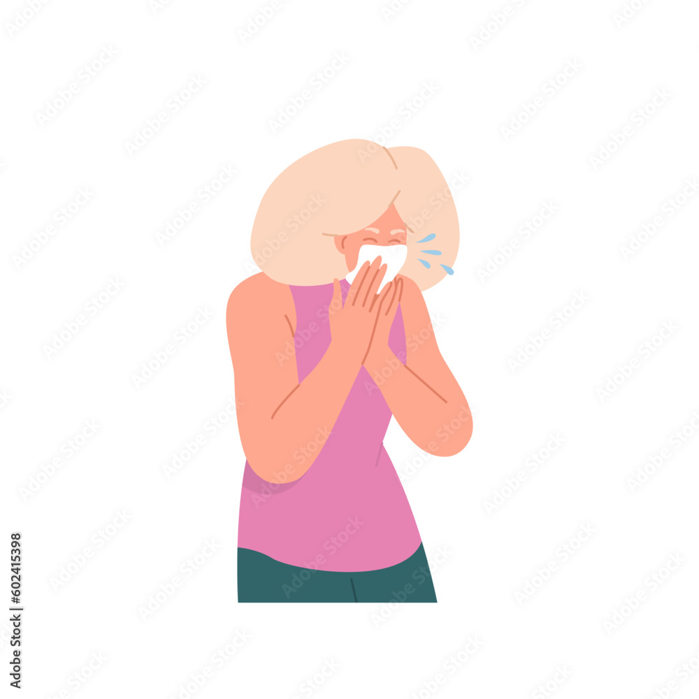Aged sick woman cartoon character sneezing into handkerchief preventing viral infection spreading Aged sick woman cartoon character sneezing into handkerchief preventing viral infection spreading