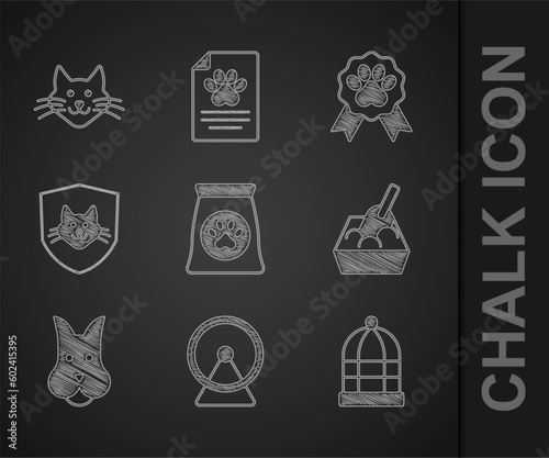 Set Bag of food for pet  Hamster wheel  Cage birds  Cat litter tray with shovel  Dog  Animal health insurance  Pet award symbol and icon. Vector