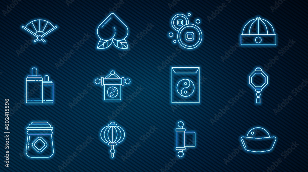 Set line Sushi, Chinese paper lantern, Yuan currency, Yin Yang, Firework, Paper chinese folding fan, and envelope and Peach fruit icon. Vector