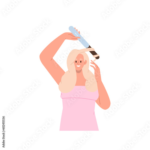 Young woman cartoon character hairstyling twisting hair using curling iron isolated on white
