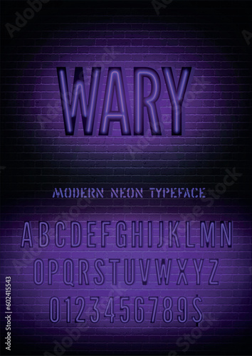 Vector wary night light sign and narrow violet neon font with numbers on dark brick wall background