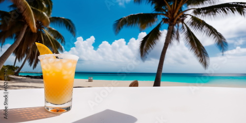 A orange cocktail in a glass on a white table against the background of a sea beach on a bright sunny day under palm trees. Copy space for advertising text. Generative AI. © Sergiy