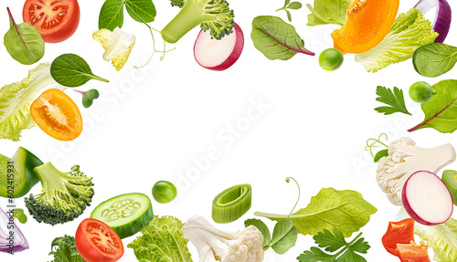 Frame of fresh vegetables, lettuce leaves, healthy ingredients for detox