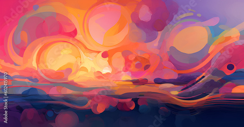 Generate a vibrant abstract image representing a summer sunset, with overlapping swirls of warm oranges, pinks, and purples, reminiscent of the sky as the sun dips below the horizon