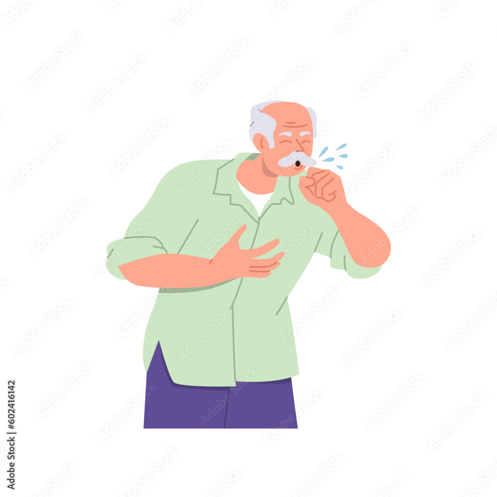 Elderly man cartoon character sneezing in hand fist looking sick having problem with health