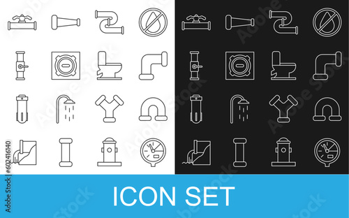 Set line Water meter, Industry metallic pipe, Manhole sewer cover, and valve, and Toilet bowl icon. Vector