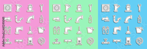 Set line Water meter, Bucket, Bottle of water, Fire hydrant, Industry metallic pipe, tap, Manhole sewer cover and icon. Vector