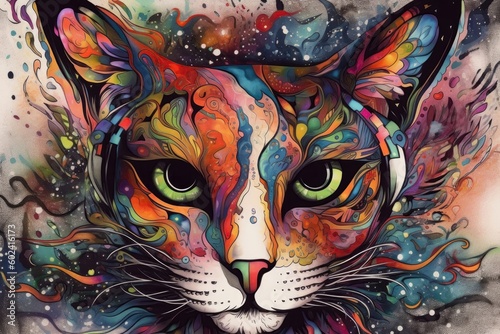 A cartoon portrait of a cat made up of many colorful parts. Generative ai illustration © maaramore©	