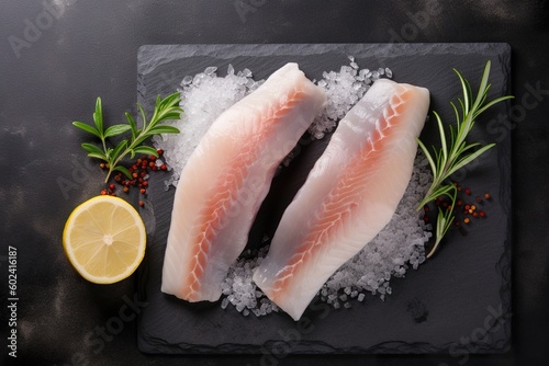 Sumptuous haddock fillet with freshly squeezed lemon and herbs, served on a black slate tray - AI Generative