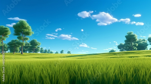 3D illustration of lush green grass parkland and tress against a blue summer’s sky. A.I. generated.