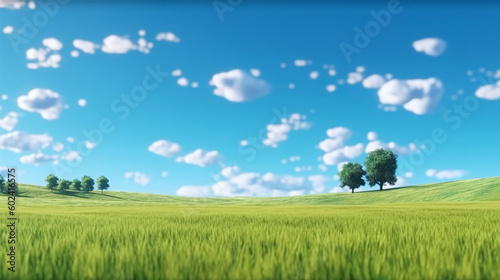 3D illustration of lush green grass parkland and tress against a blue summer’s sky. A.I. generated.