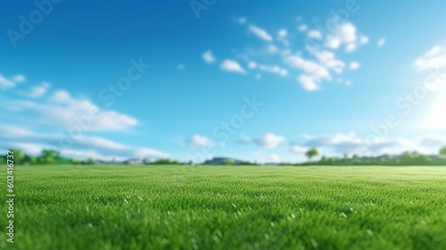 3D illustration of lush green grass parkland and tress against a blue summer   s sky. A.I. generated.