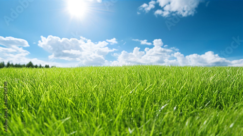 Illustration close up of a lush green grass lawn field against a blue summer   s sky. A.I. generated.