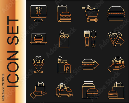 Set line Online ordering burger delivery, Clock 24 hours, pizza, Shopping cart and food, bag, and Fork spoon icon. Vector