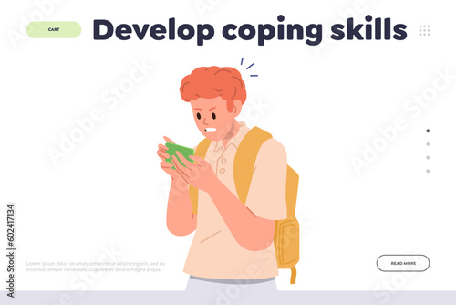 Landing page with develop coping skills concept and angry furious boy child looking at mobile screen