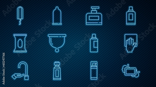 Set line Bar of soap, Cleaning service, Bottle shampoo, Menstrual cup, Wet wipe pack, Sanitary tampon, for cleaning agent and Condom icon. Vector