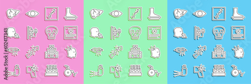 Set line Wheelchair, Man having headache, Clinical record, Scar with suture, IV bag, Vomiting man, Hepatitis virus and Skull icon. Vector