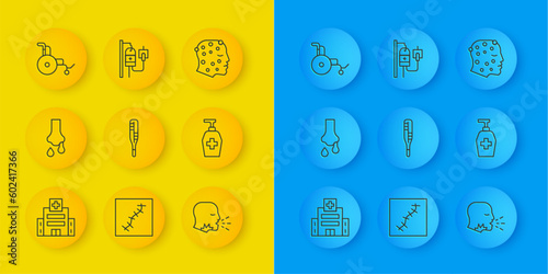 Set line Medical hospital building, Runny nose, thermometer, Man coughing, Liquid antibacterial soap, Wheelchair, Psoriasis or eczema rash and IV bag icon. Vector