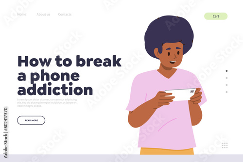 How to break phone addiction concept for landing page, little children dependence to mobile gadgets