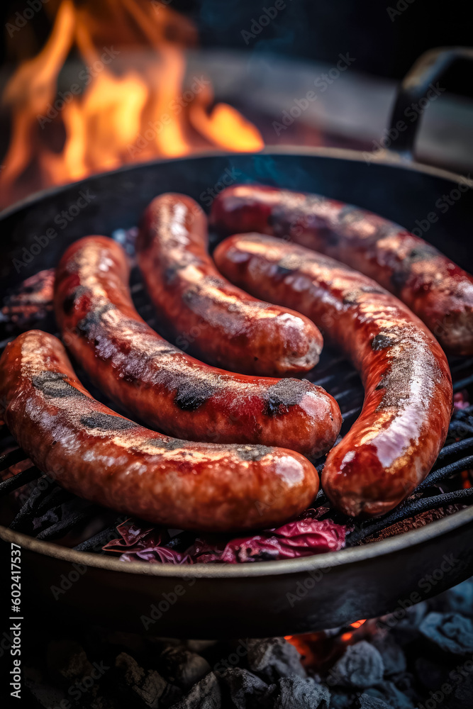 Appetitive grilled sausage on the flaming grill. Delicious crisp sausages. Space for text. Generative AI Appetitive grilled sausage on the flaming grill. Delicious crisp sausages. Space for text. Generative AI