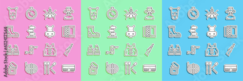 Set line Hunting cartridge belt, gun, Matchbox and matches, Mosquito, Road traffic sign, Hunter boots, Rhinoceros and Hippo or Hippopotamus icon. Vector