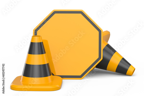 Set of traffic road cones and sign for under construction road work on white