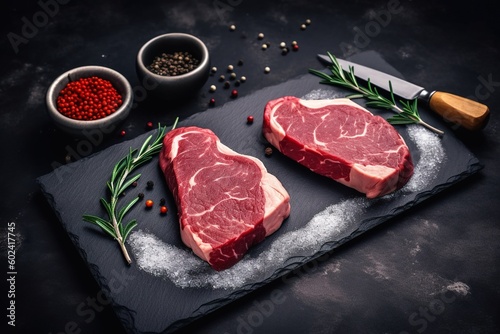 Fototapeta Naklejka Na Ścianę i Meble -  A pair of beef steaks with spices on top, on a flat grey platter against a dark background - AI Generative