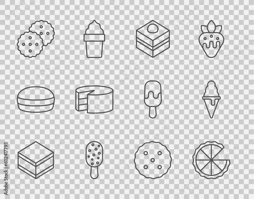 Set line Brownie chocolate cake, Homemade pie, Ice cream, Cookie or biscuit, Cake, and in waffle cone icon. Vector