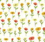 Seamless doodle of trendy floral patterns. Vintage illustration of floral background in 70s style. Colorful pastel colors clockwork works, nature backgrounds.