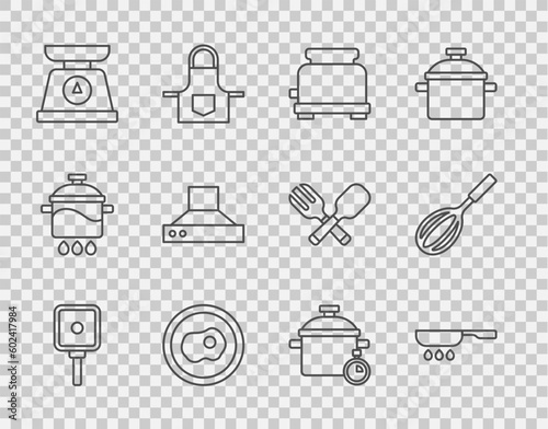 Set line Frying pan, Toaster, Scrambled eggs, Scales, Kitchen extractor fan, Cooking pot and whisk icon. Vector