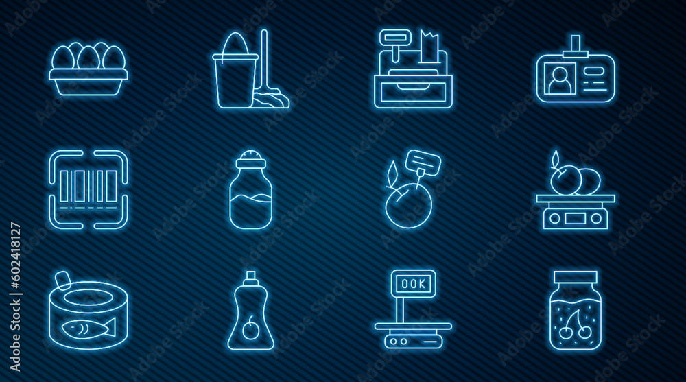 Set line Jam jar, Cash register machine, Spice can, Scanner scanning bar code, Chicken egg box, Supermarket food products with price label and Mop and bucket icon. Vector Set line Jam jar, Cash register machine, Spice can, Scanner scanning bar code, Chicken egg box, Supermarket food products with price label and Mop and bucket icon. Vector