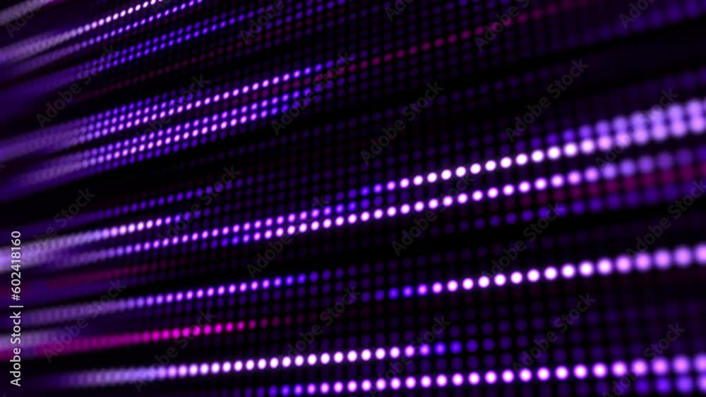 Grid of purple glowing pixel dots. Effect of movement festive illumination lines. Blurred electronic display background. Looped animation graphics.