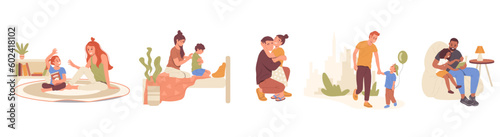 Set of loving father, mother and kids, happy family, parent and children relationship concept