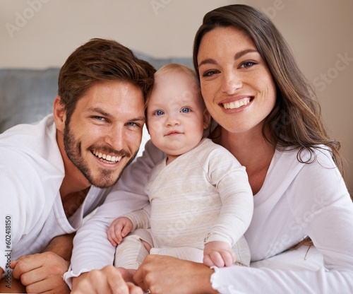 Portrait, happy family and parents with baby for love, care and quality time to relax together in house. Mother, father and smile with cute infant kid for happiness, support and newborn development