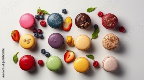 background from traditional french colorful macarons in a rows  created with Generative AI Technology