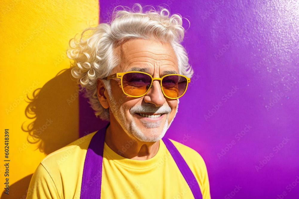 Portrait of an aged european man with gray hair and sunglasses on abstract colorful painted wall background, summer vibrancy. Generative AI.