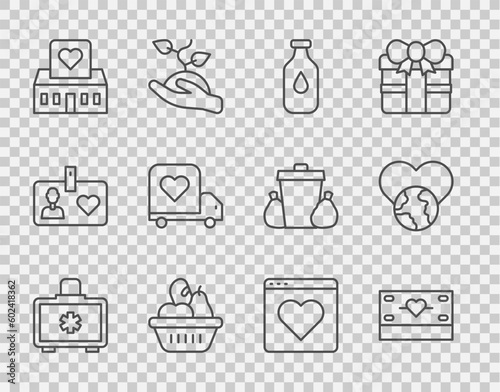 Set line First aid kit, Donation and charity, Bottle of water, food box, Volunteer center, Delivery truck with heart, Dating app online and The world - love icon. Vector