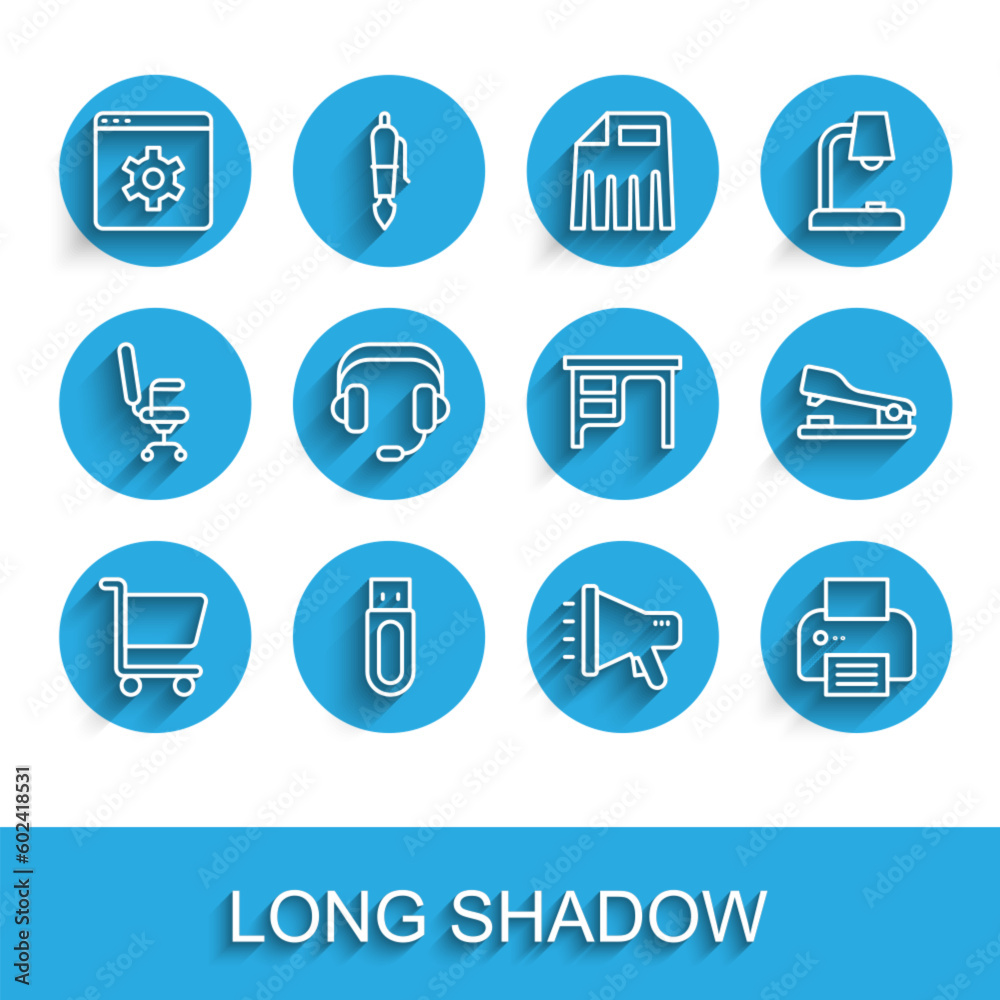 Set line Shopping cart, USB flash drive, Browser setting, Megaphone, Printer, Headphones, Stapler and Office desk icon. Vector Set line Shopping cart, USB flash drive, Browser setting, Megaphone, Printer, Headphones, Stapler and Office desk icon. Vector