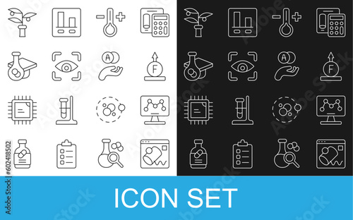 Set line Data visualisation, Genetic engineering, Force of physic formula, Thermometer, Eye scan, Graduation cap, Plant breeding and Atom icon. Vector