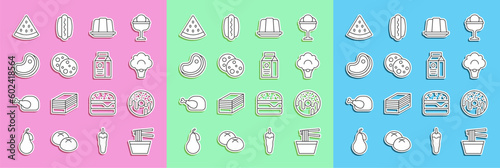 Set line Asian noodles in bowl, Donut, Broccoli, Jelly cake, Cookie with chocolate, Steak meat, Watermelon and aper package for milk icon. Vector photo