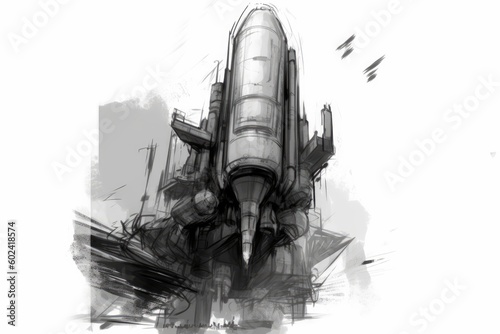monochromatic rocket drawing on a white background Generative AI