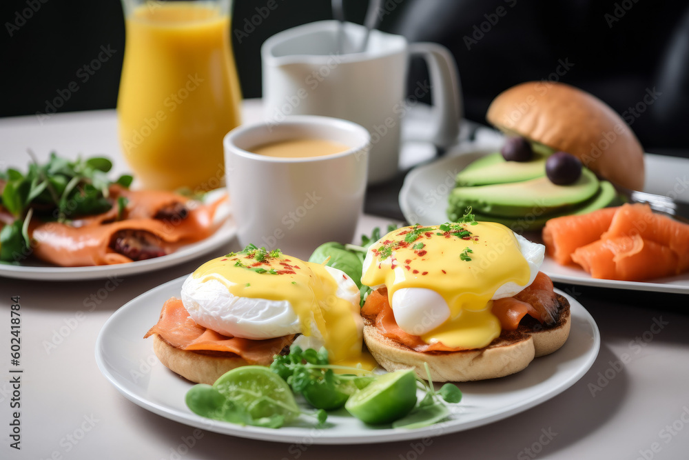 Benedict egg on white bun with redfish, created with Generative AI Technology Benedict egg on white bun with redfish, created with Generative AI Technology