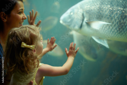Photography Mother, aquarium and child looking at fish for learning, curiosity and knowledge, education and bonding